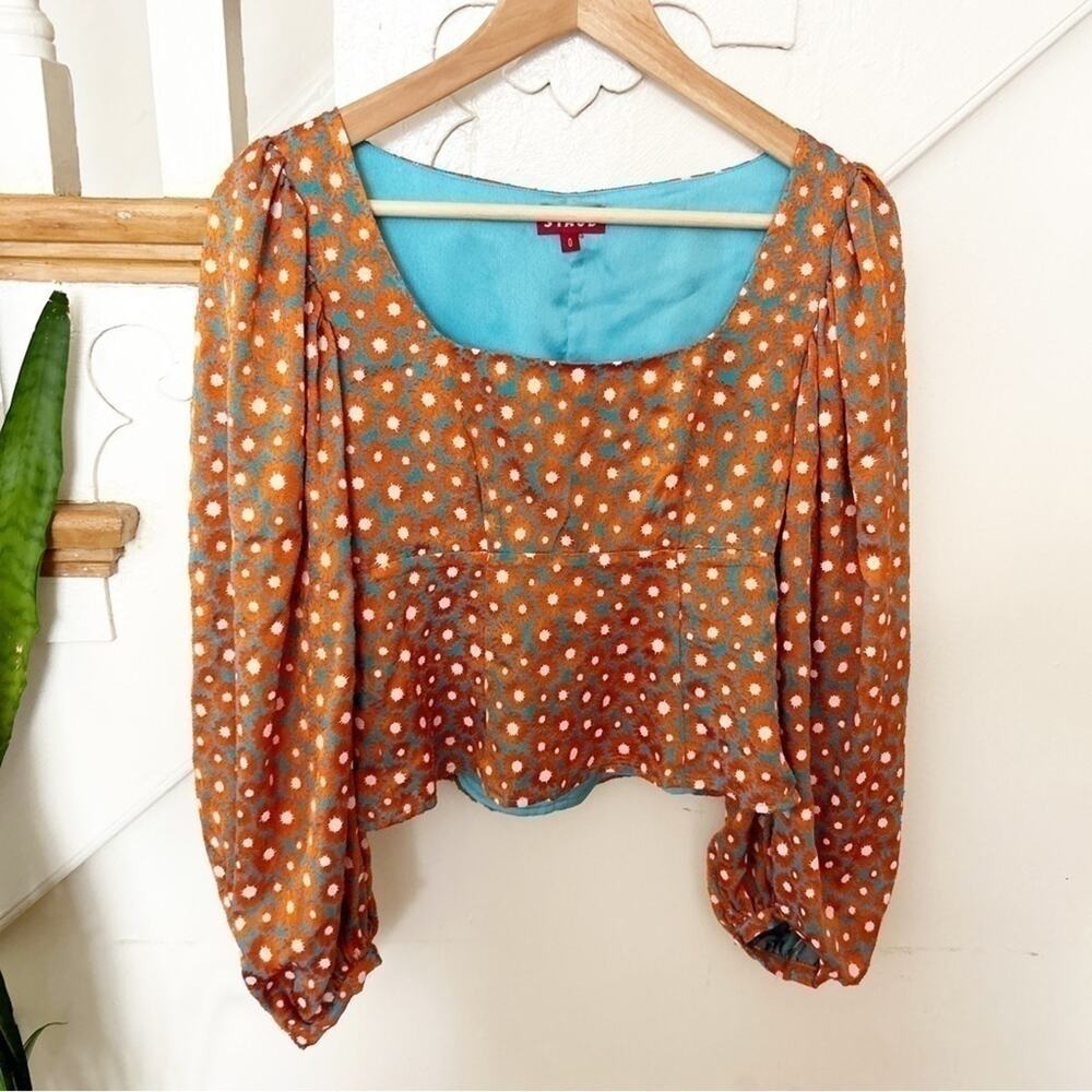 STAUD Women's Blue Orange Daisy Floral Jacquard Blouson Sleeve Top Size 0